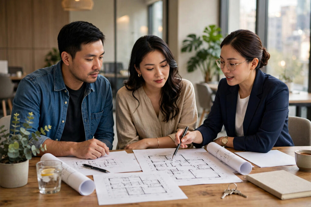 Xem bản vẽ mặt bằng căn hộ cùng nhân viên môi giới